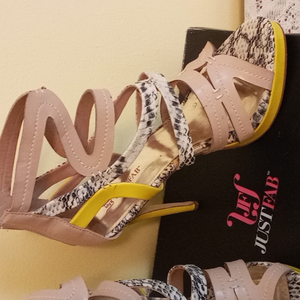 Just Fab Snakeskin, Tan and Yellow Heeled Sandals
